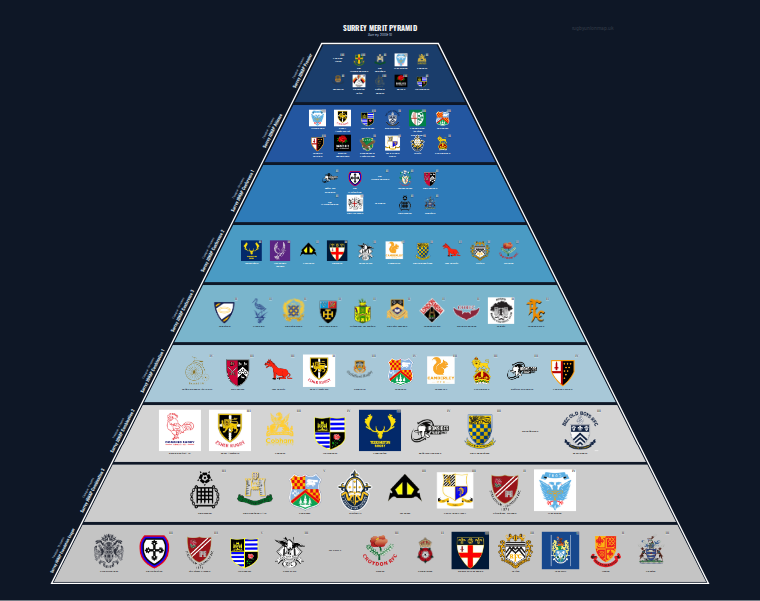 Surrey merit pyramid for 2009-2010: club crests by tier (club names labelled)