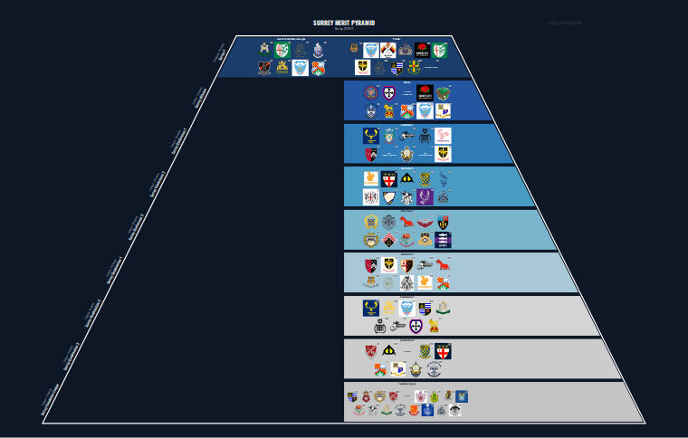 Surrey merit pyramid for 2010-2011: club crests by tier