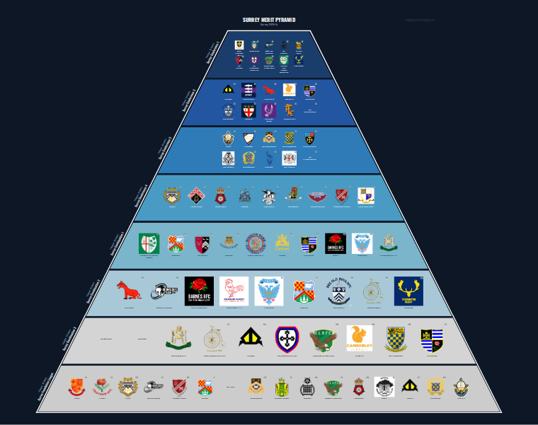 Surrey merit pyramid for 2013-2014: club crests by tier (club names labelled)