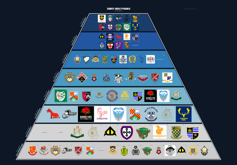 Surrey merit pyramid for 2013-2014: club crests by tier