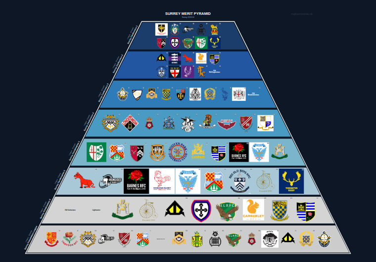 Surrey merit pyramid for 2013-2014: club crests by tier